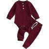 imageKuriozud Newborn Baby Boy Clothes Button Long Sleeve Romper Bodysuit Pants Set Infant Soft Waffle Fall Winter OutfitWaffle Wine Red
