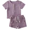 imageToddler Baby Boy Girl Cotton Linen Clothes Solid Color Short Sleeve TShirt  Drawstring Shorts 2 Piece Outfit SetPurple