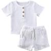 imageToddler Baby Boy Girl Cotton Linen Clothes Solid Color Short Sleeve TShirt  Drawstring Shorts 2 Piece Outfit SetWhite