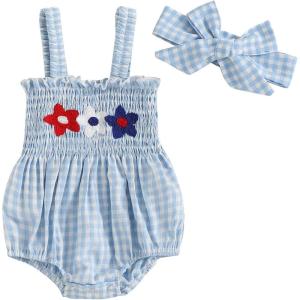 imageKuriozud 4th of July Outfits Baby Girl USA Romper Fourth of July Onesie Independence Day Bodysuit Memorial Day ClothesBlue American Flag Flowers