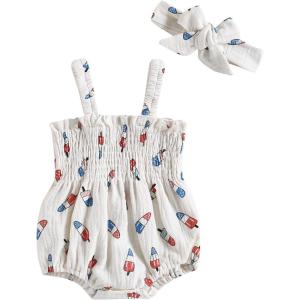 imageKuriozud 4th of July Outfits Baby Girl USA Romper Fourth of July Onesie Independence Day Bodysuit Memorial Day ClothesWhite American Flag Ice Cream
