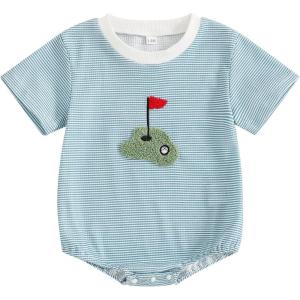 imageKuriozud Baby Boy Bubble Romper Golf Outfits 1st Birthday Hole in One Onesie Waffle Knit Bodysuit First Birthday ClothesSky Bluea
