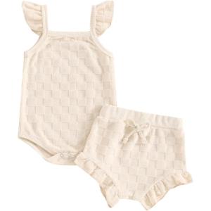 imageKuriozud Baby Girl Summer Clothes Sleeveless Tank Top Shorts Set Cute Toddler Girl Outfit Aged 3 6 12 18 24 Months 2T 3TFuzzy Fly Sleeve Beige