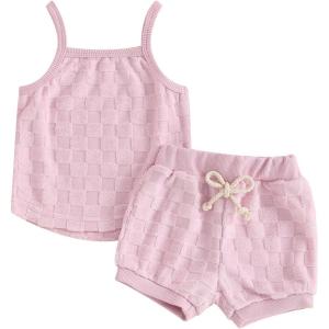 imageKuriozud Baby Girl Summer Clothes Sleeveless Tank Top Shorts Set Cute Toddler Girl Outfit Aged 3 6 12 18 24 Months 2T 3TFuzzy Pink