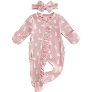 imageKuriozud Fathers Day Outfits Baby Girl Footie Onesie Romper Newborn Preemie Girl Ruffle Pajamas Pjs Daddys Girl ClothesPink Bunny