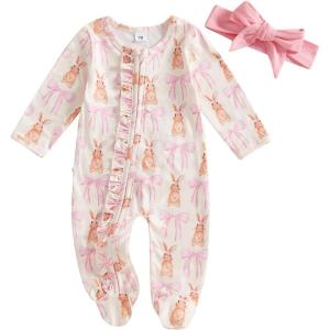imageKuriozud Fathers Day Outfits Baby Girl Footie Onesie Romper Newborn Preemie Girl Ruffle Pajamas Pjs Daddys Girl ClothesPink Bunnybowknot