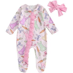 imageKuriozud Fathers Day Outfits Baby Girl Footie Onesie Romper Newborn Preemie Girl Ruffle Pajamas Pjs Daddys Girl ClothesPink Carrotbunny