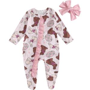 imageKuriozud Fathers Day Outfits Baby Girl Footie Onesie Romper Newborn Preemie Girl Ruffle Pajamas Pjs Daddys Girl ClothesPink Rabbit a