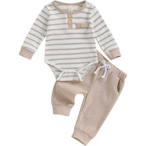 imageKuriozud Newborn Baby Boy Clothes Button Long Sleeve Romper Bodysuit Pants Set Infant Soft Waffle Fall Winter OutfitStriped Beige