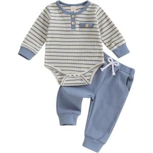 imageKuriozud Newborn Baby Boy Clothes Button Long Sleeve Romper Bodysuit Pants Set Infant Soft Waffle Fall Winter OutfitStriped Blue