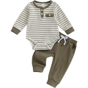 imageKuriozud Newborn Baby Boy Clothes Button Long Sleeve Romper Bodysuit Pants Set Infant Soft Waffle Fall Winter OutfitStriped Olive Green