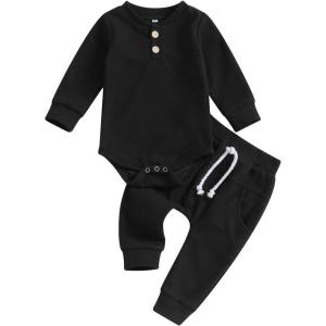 imageKuriozud Newborn Baby Boy Clothes Button Long Sleeve Romper Bodysuit Pants Set Infant Soft Waffle Fall Winter OutfitWaffle Black