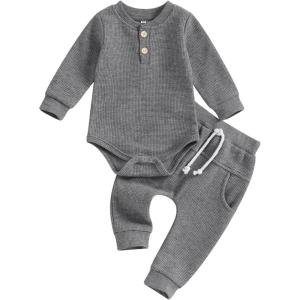 imageKuriozud Newborn Baby Boy Clothes Button Long Sleeve Romper Bodysuit Pants Set Infant Soft Waffle Fall Winter OutfitWaffle Gray