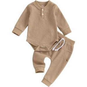 imageKuriozud Newborn Baby Boy Clothes Button Long Sleeve Romper Bodysuit Pants Set Infant Soft Waffle Fall Winter OutfitWaffle Khaki