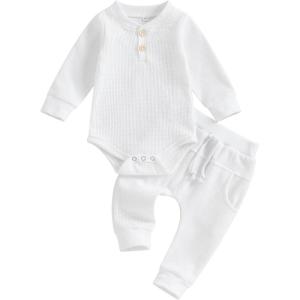 imageKuriozud Newborn Baby Boy Clothes Button Long Sleeve Romper Bodysuit Pants Set Infant Soft Waffle Fall Winter OutfitWaffle White