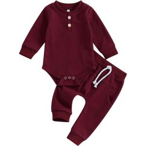 imageKuriozud Newborn Baby Boy Clothes Button Long Sleeve Romper Bodysuit Pants Set Infant Soft Waffle Fall Winter OutfitWaffle Wine Red