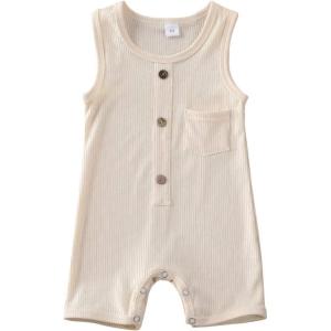 imageKuriozud Newborn Baby Boy Girl Plain Romper Sleeveless Jumpsuit ClothesBeige