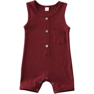 imageKuriozud Newborn Baby Boy Girl Plain Romper Sleeveless Jumpsuit ClothesWine Red