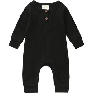 imageKuriozud Newborn Infant Unisex Baby Boy Girl Clothes Button Romper Jumpsuit Basic One Piece OutfitsLong Sleeve One Piece Black