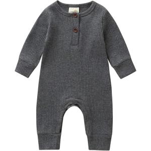imageKuriozud Newborn Infant Unisex Baby Boy Girl Clothes Button Romper Jumpsuit Basic One Piece OutfitsLong Sleeve One Piece Gray