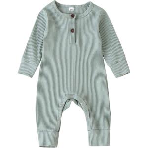 imageKuriozud Newborn Infant Unisex Baby Boy Girl Clothes Button Romper Jumpsuit Basic One Piece OutfitsLong Sleeve One Piece Light Green