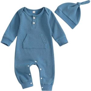 imageKuriozud Newborn Infant Unisex Baby Boy Girl Clothes Button Romper Jumpsuit Basic One Piece OutfitsLong Sleeve With Hat Blue