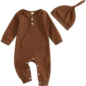 imageKuriozud Newborn Infant Unisex Baby Boy Girl Clothes Button Romper Jumpsuit Basic One Piece OutfitsLong Sleeve With Hat Brown