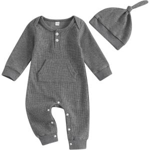 imageKuriozud Newborn Infant Unisex Baby Boy Girl Clothes Button Romper Jumpsuit Basic One Piece OutfitsLong Sleeve With Hat Grey