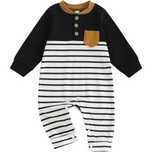 imageKuriozud Newborn Infant Unisex Baby Boy Girl Clothes Button Romper Jumpsuit Basic One Piece OutfitsStriped Long Sleeve Black