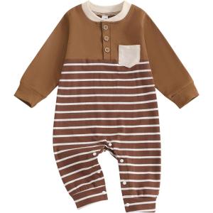 imageKuriozud Newborn Infant Unisex Baby Boy Girl Clothes Button Romper Jumpsuit Basic One Piece OutfitsStriped Long Sleeve Brown