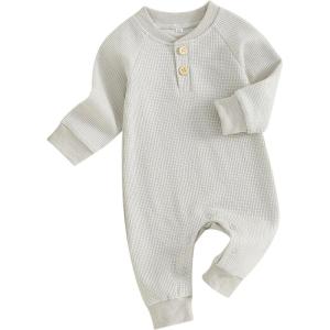 imageKuriozud Newborn Infant Unisex Baby Boy Girl Clothes Button Romper Jumpsuit Basic One Piece OutfitsWaffle Long Sleeve Apricot
