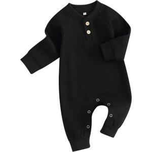 imageKuriozud Newborn Infant Unisex Baby Boy Girl Clothes Button Romper Jumpsuit Basic One Piece OutfitsWaffle Long Sleeve Black