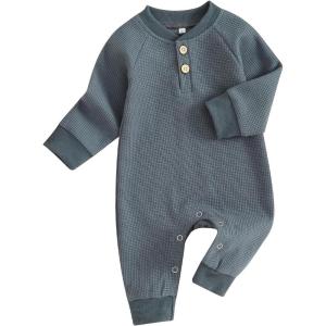 imageKuriozud Newborn Infant Unisex Baby Boy Girl Clothes Button Romper Jumpsuit Basic One Piece OutfitsWaffle Long Sleeve Bluegray