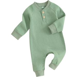 imageKuriozud Newborn Infant Unisex Baby Boy Girl Clothes Button Romper Jumpsuit Basic One Piece OutfitsWaffle Long Sleeve Green