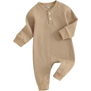 imageKuriozud Newborn Infant Unisex Baby Boy Girl Clothes Button Romper Jumpsuit Basic One Piece OutfitsWaffle Long Sleeve Khaki