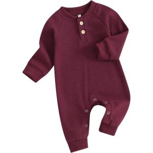 imageKuriozud Newborn Infant Unisex Baby Boy Girl Clothes Button Romper Jumpsuit Basic One Piece OutfitsWaffle Long Sleeve Wine Red