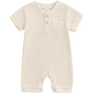 imageKuriozud Newborn Infant Unisex Baby Boy Girl Clothes Button Romper Jumpsuit Basic One Piece OutfitsWaffle Short Sleeve Apricot