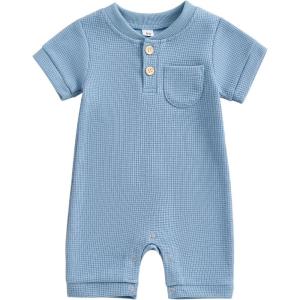imageKuriozud Newborn Infant Unisex Baby Boy Girl Clothes Button Romper Jumpsuit Basic One Piece OutfitsWaffle Short Sleeve Blue