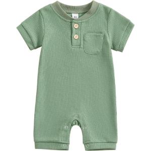 imageKuriozud Newborn Infant Unisex Baby Boy Girl Clothes Button Romper Jumpsuit Basic One Piece OutfitsWaffle Short Sleeve Green