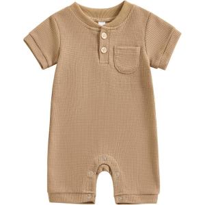 imageKuriozud Newborn Infant Unisex Baby Boy Girl Clothes Button Romper Jumpsuit Basic One Piece OutfitsWaffle Short Sleeve Khaki