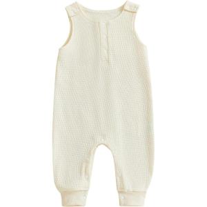imageKuriozud Newborn Infant Unisex Baby Boy Girl Clothes Button Romper Jumpsuit Basic One Piece OutfitsWaffle Sleeveless Apricot