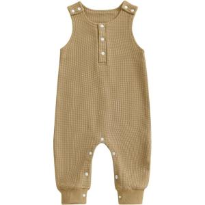 imageKuriozud Newborn Infant Unisex Baby Boy Girl Clothes Button Romper Jumpsuit Basic One Piece OutfitsWaffle Sleeveless Khaki