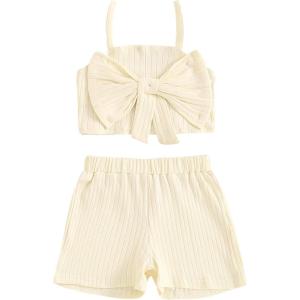 imageKuriozud Summer Clothes for Toddler Baby Girl Cute Bow Sleeveless Tank Top and Shorts Set Ribbed 2 Piece OutfitRibbed Apricot
