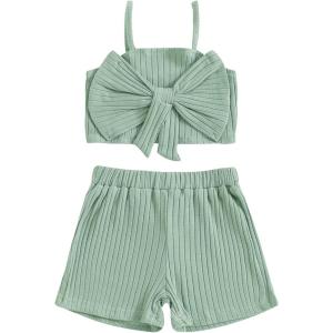 imageKuriozud Summer Clothes for Toddler Baby Girl Cute Bow Sleeveless Tank Top and Shorts Set Ribbed 2 Piece OutfitRibbed Green