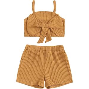 imageKuriozud Summer Clothes for Toddler Baby Girl Cute Bow Sleeveless Tank Top and Shorts Set Ribbed 2 Piece OutfitRibbed Mustard Yellow