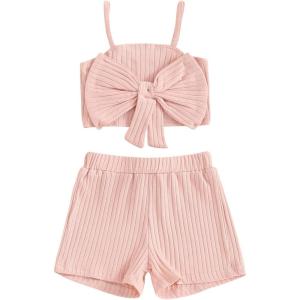 imageKuriozud Summer Clothes for Toddler Baby Girl Cute Bow Sleeveless Tank Top and Shorts Set Ribbed 2 Piece OutfitRibbed Pink