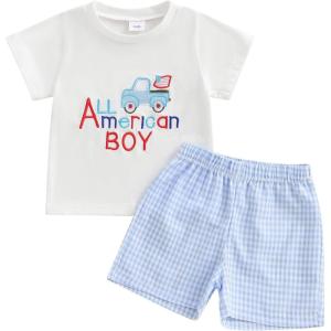 imageKuriozud Toddler Baby Boy 4th Of July Outfit Truck American Flag Tshirt Top Red White Bule Shorts Set Fourth Of July ClothesAll American Boy Blue