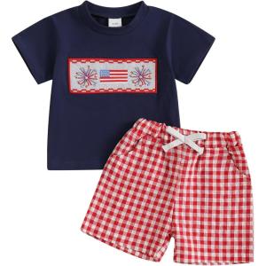 imageKuriozud Toddler Baby Boy 4th Of July Outfit Truck American Flag Tshirt Top Red White Bule Shorts Set Fourth Of July ClothesAmerican Flag Blue