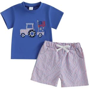 imageKuriozud Toddler Baby Boy 4th Of July Outfit Truck American Flag Tshirt Top Red White Bule Shorts Set Fourth Of July ClothesTruck American Flag Blue