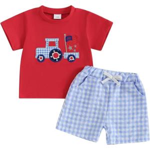 imageKuriozud Toddler Baby Boy 4th Of July Outfit Truck American Flag Tshirt Top Red White Bule Shorts Set Fourth Of July ClothesTruck American Flag Red